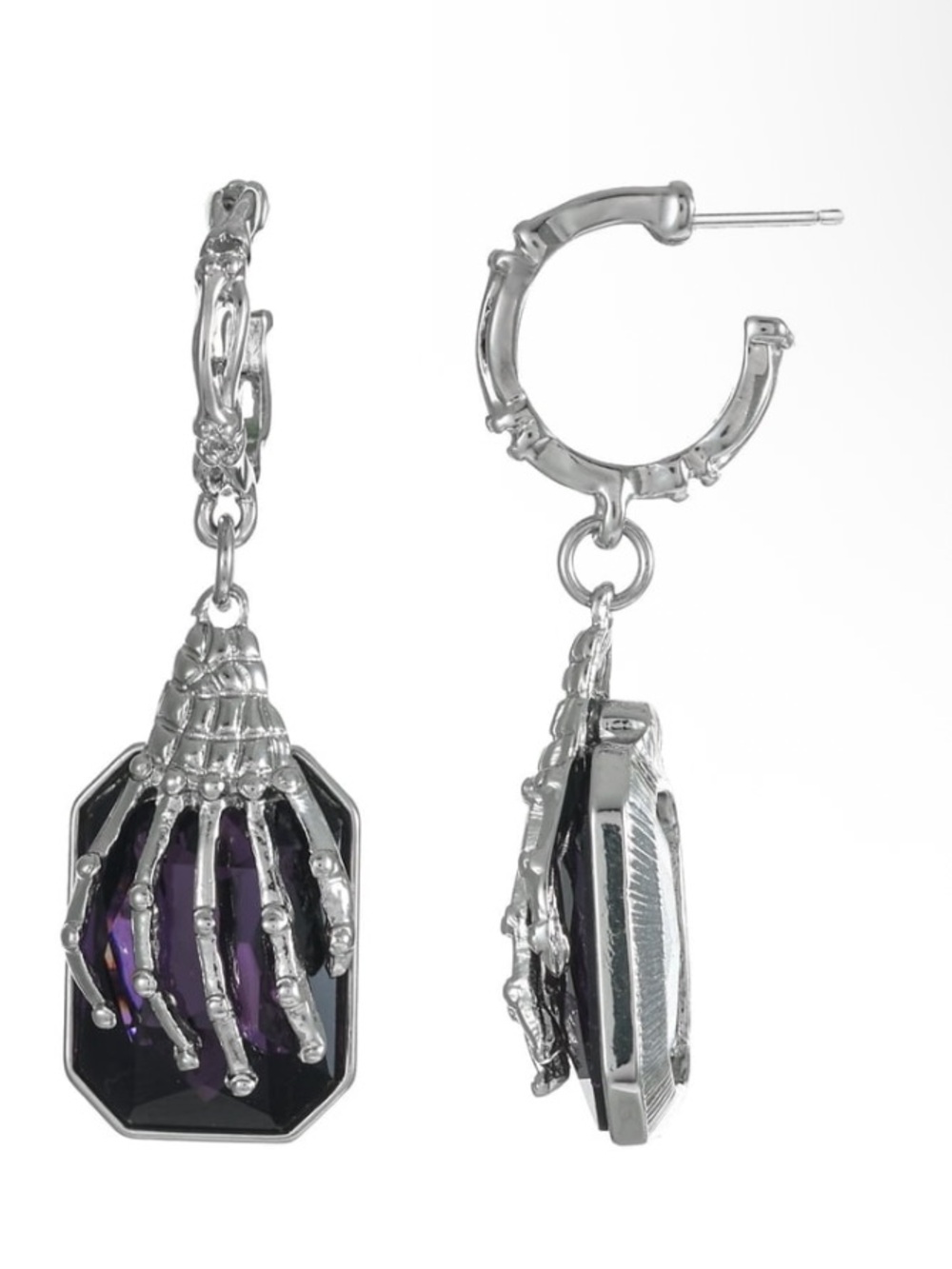 Silver Tone Skeleton Hand Dangling Earrings with Dark Purple Stone